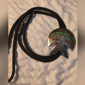 VTG Navajo Sterling Silver Turquoise & Coral Chip Inlay Peyote Bird Bolo Tie